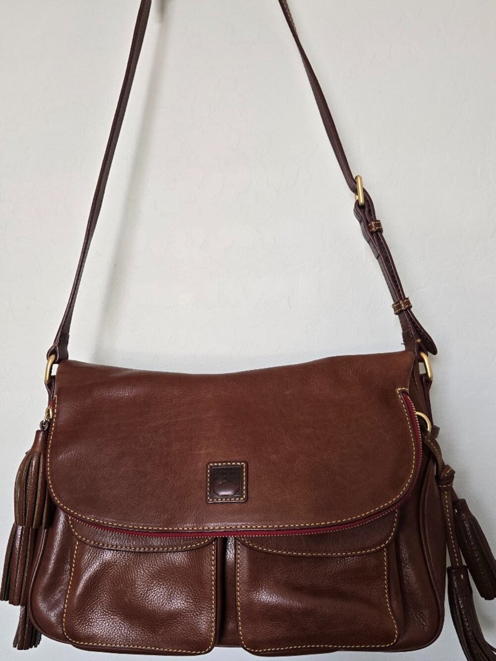 Dooney & Bourke Brown Leather Foldover Crossbody Bag Tassel Gold Hardware